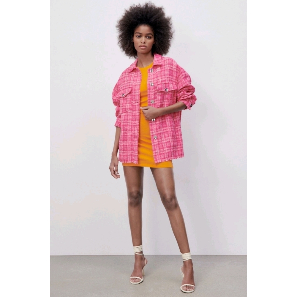 Zara Woven Tweed Plaid Frayed Hem Oversized Shacket Size Medium Color Pink/White